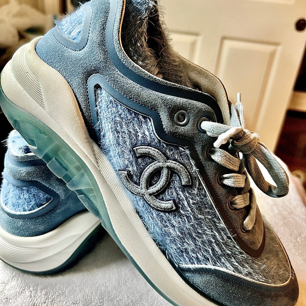 CHANEL Blue and Gray Sneakers